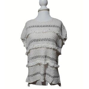 Ann Taylor LOFT Women's Knit Fringe Ivory Top Cap sleeves Size Small